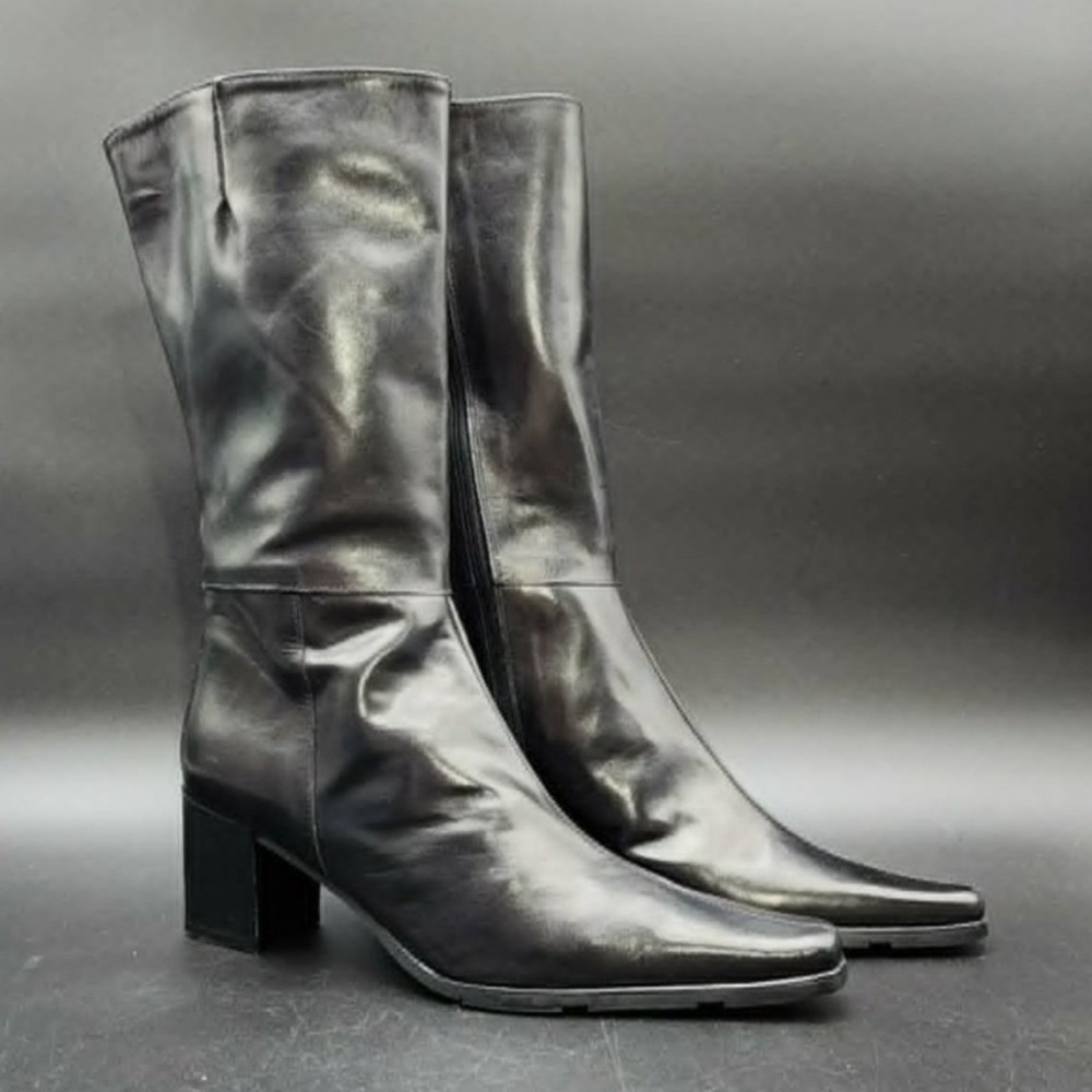 Country Shop Black Leather Square Toe Mid Calf Block Heel Boots Made in Italy 8B
